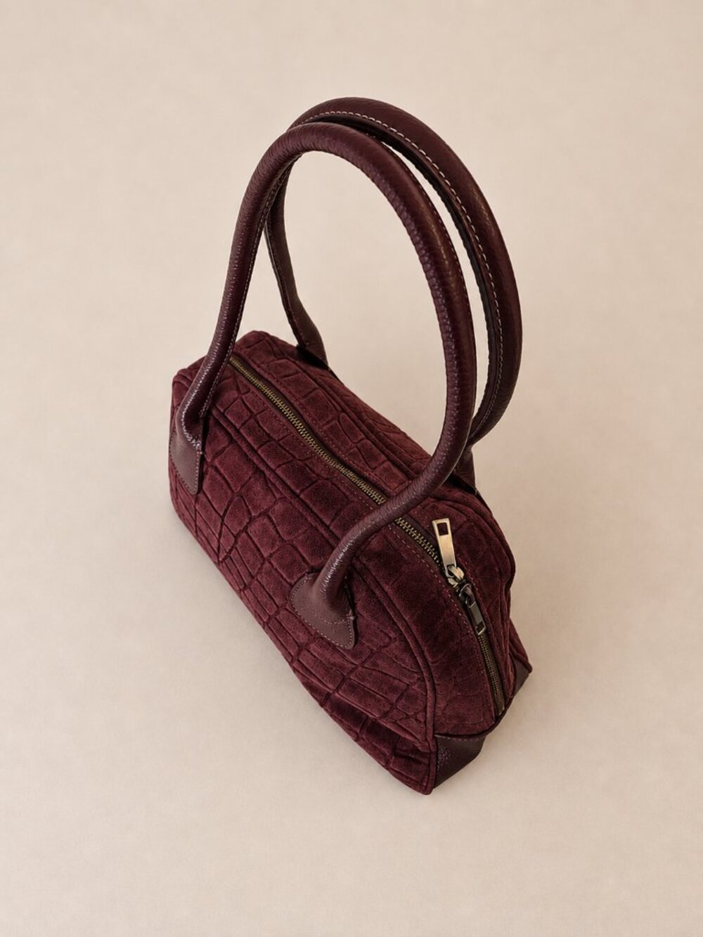 Burgundy Italian Leather & Croc-Embossed Suede Shoulder Bag – Large Dome Handbag - Picture 11 of 15